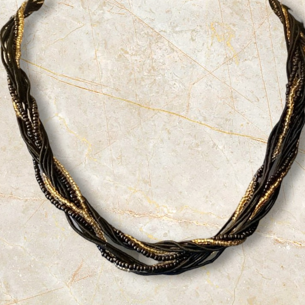 Vintage Black Gold Multi Strand Torsade Necklace Braided Seed Bead Statement
